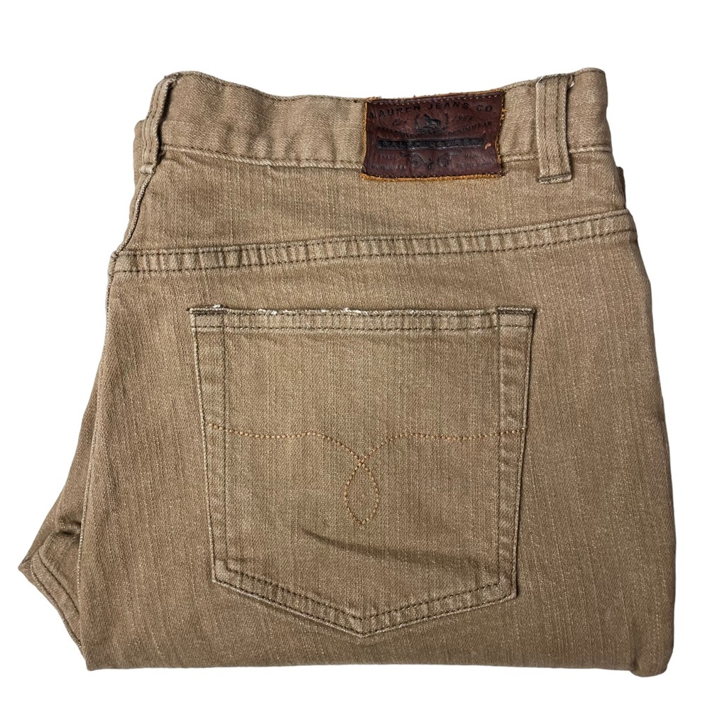 Lauren Jeans Co Distressed Boot Cut Stretch Jeans Khaki Tan Size 14
